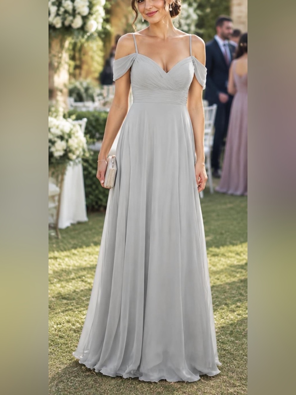 Birdy Grey Womens Dove Gray Chiffon Wedding Formal Gown Sz S Brides maid